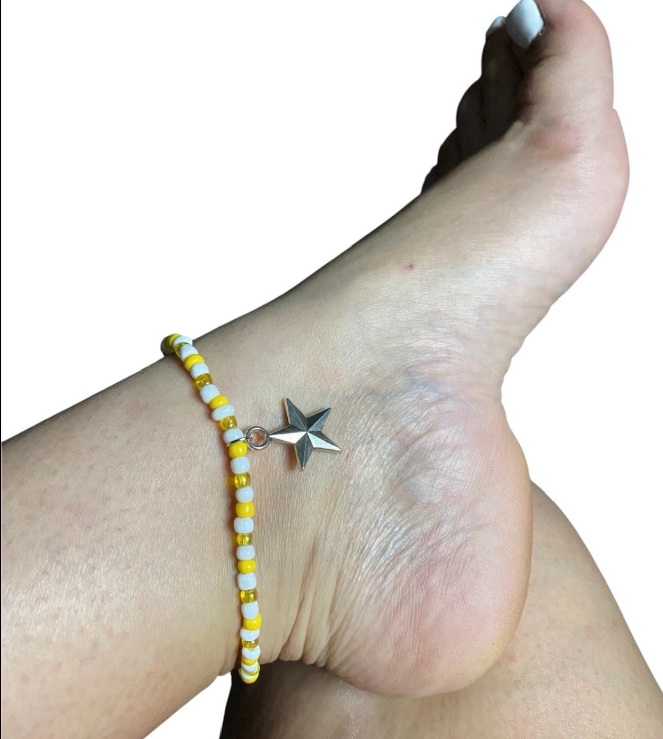 Sunny Star Seed Bead Anklet – Yellow & White Stretch Anklet with Silver Star Charm