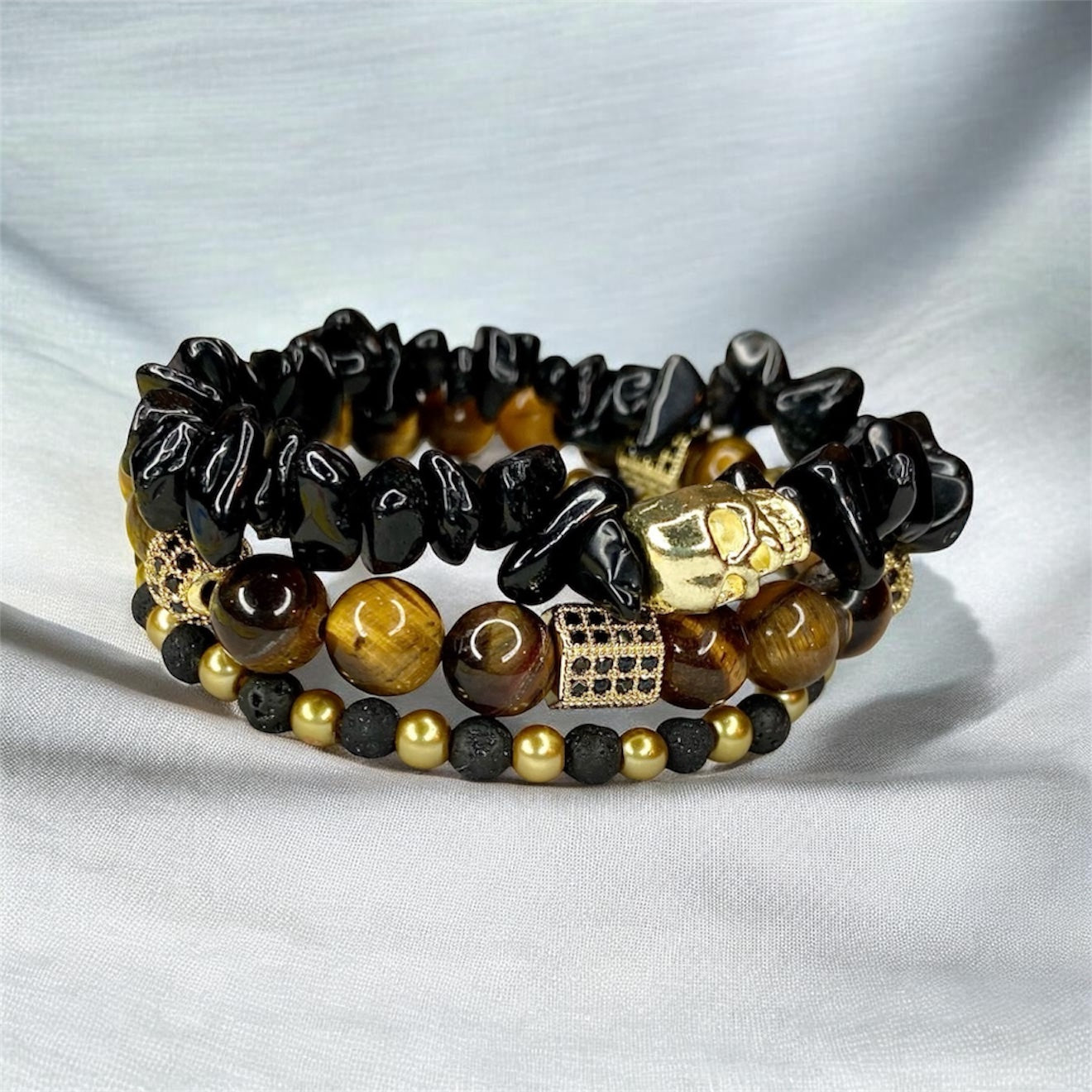 Guardian Skull Bracelet Set – Black Obsidian, Tiger Eye & Lava Stone (3-Piece Set)