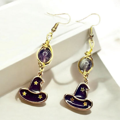 Handmade Halloween Gemstone Earrings Collection | Ghost, Witch Hat, Pumpkin & Bat Earrings