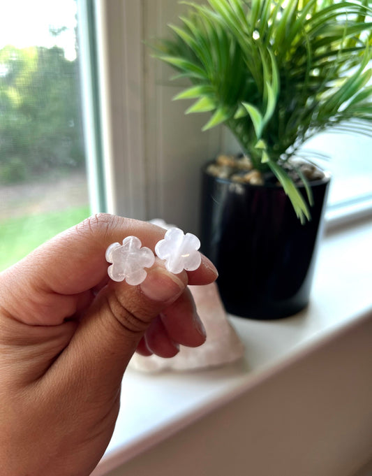 Flower Carved Rose Quartz Stud Earrings