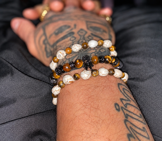 King’s Legacy Stack – Tiger Eye & Howlite Skull Bracelet Set (3-Piece)