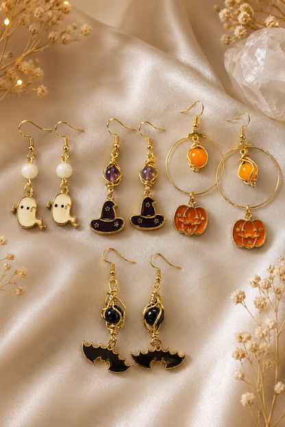 Handmade Halloween Gemstone Earrings Collection | Ghost, Witch Hat, Pumpkin & Bat Earrings