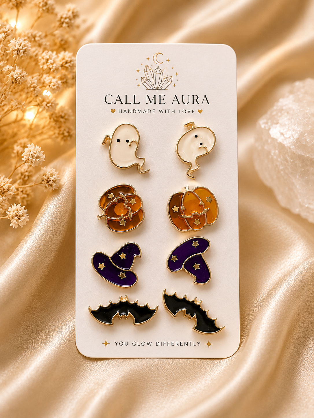 Halloween Stud Earring Set | Ghost, Pumpkin, Witch Hat & Bat Earrings | Cute Spooky Fall Jewelry