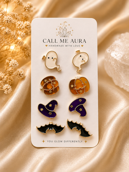 Halloween Stud Earring Set | Ghost, Pumpkin, Witch Hat & Bat Earrings | Cute Spooky Fall Jewelry