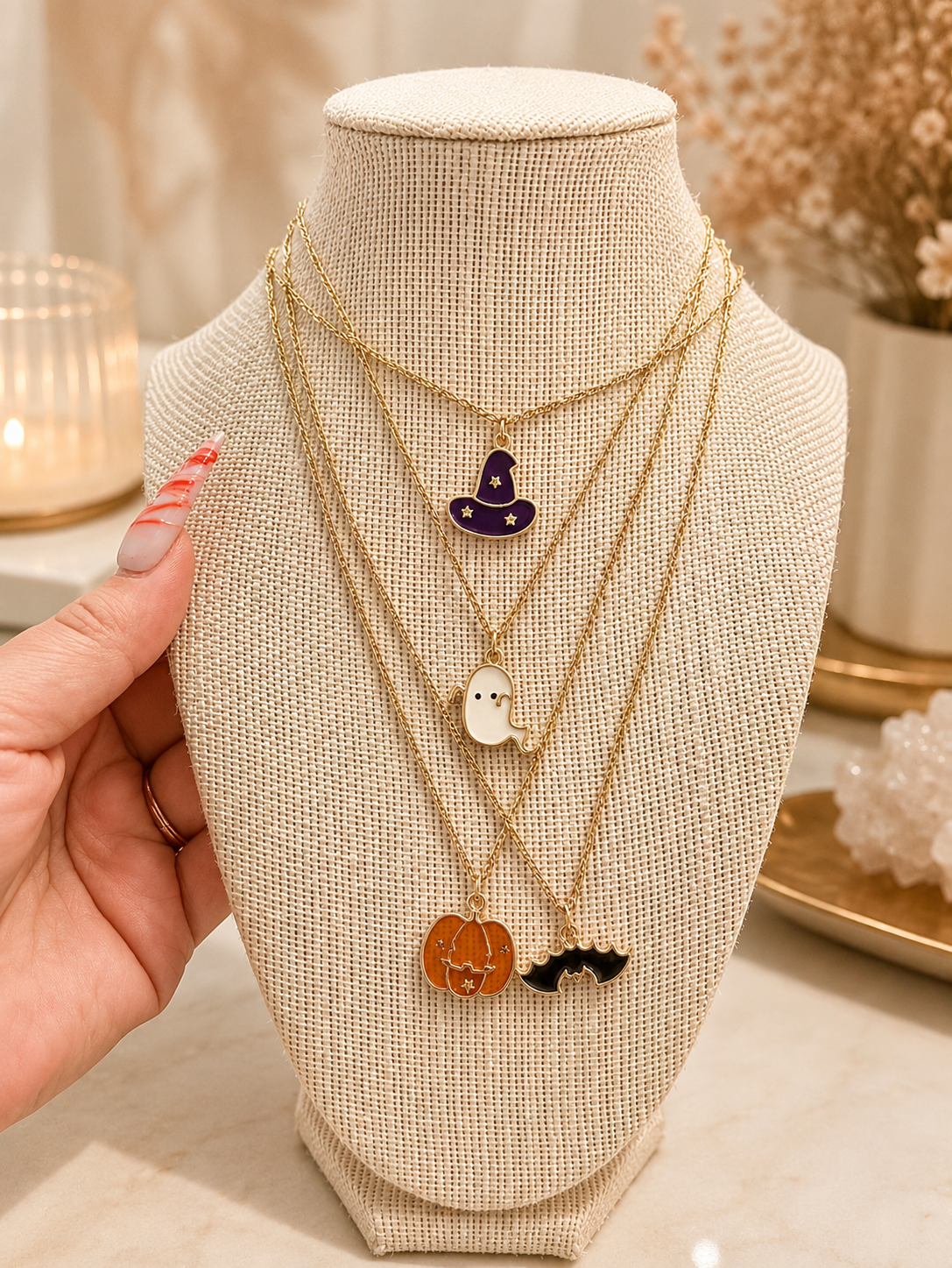 Halloween Charm Necklace Collection | Ghost, Witch Hat, Pumpkin & Bat Pendant Necklaces | Cute Spooky Jewelry