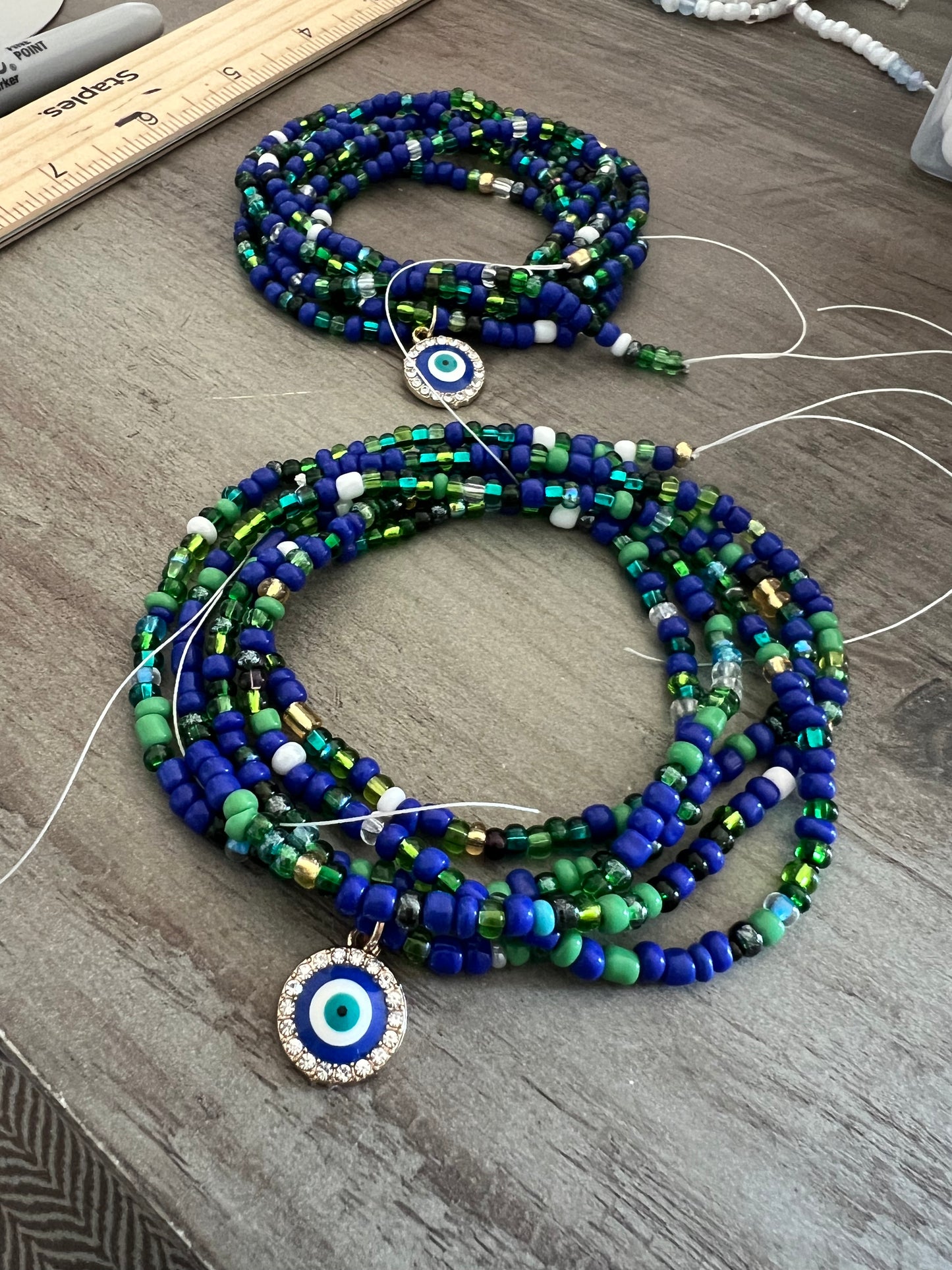 Green & Blue Evil Eye Waist Beads | 50-Inch Tie-On Waist Beads