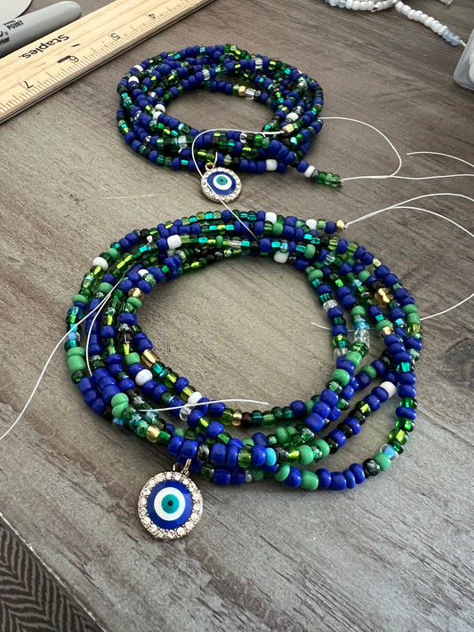 Green & Blue Evil Eye Waist Beads | 50-Inch Tie-On Waist Beads