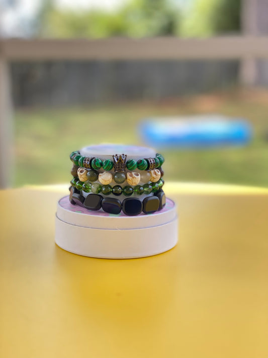 Emerald Reign Bracelet Set | Malachite, Bloodstone, Peridot & Black Obsidian | Skull & Crown Gemstone Bracelets