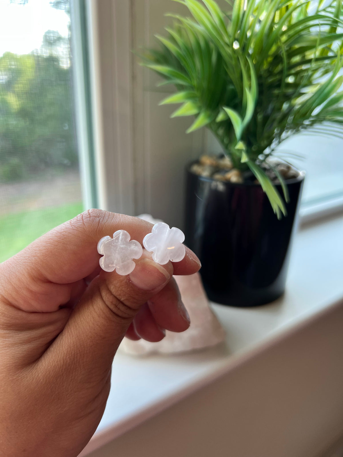 Flower Carved Rose Quartz Stud Earrings