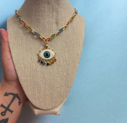 Colorful Evil Eye Enamel Necklace – 18 Inch