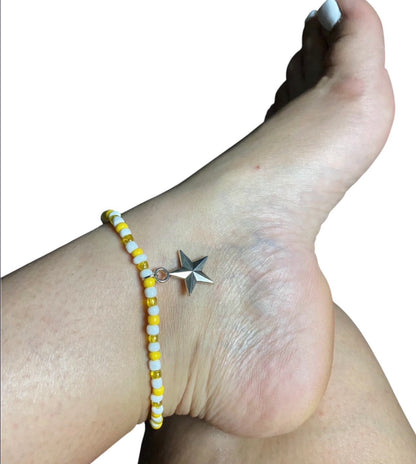 Sunny Star Seed Bead Anklet – Yellow & White Stretch Anklet with Silver Star Charm