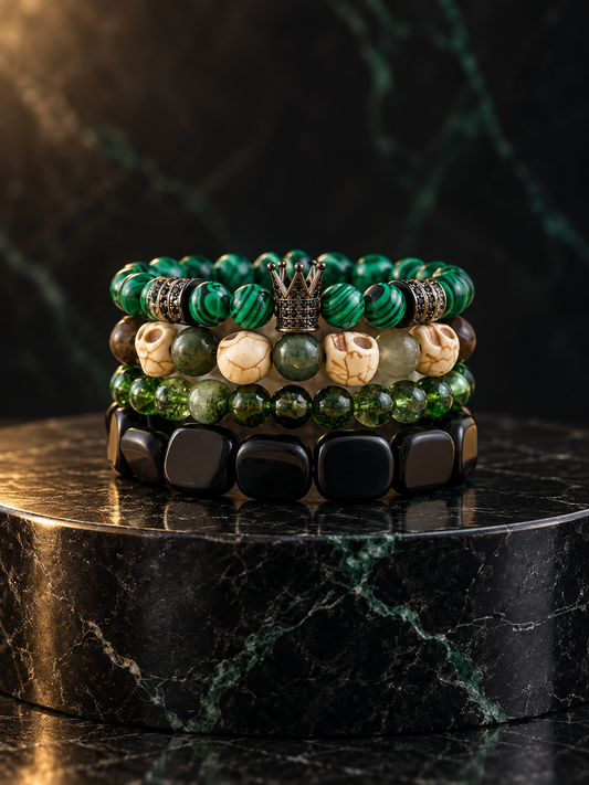 Emerald Reign Bracelet Set | Malachite, Bloodstone, Peridot & Black Obsidian | Skull & Crown Gemstone Bracelets