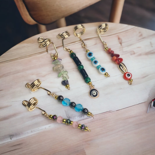 Gemstone Hair Charm Set – 6 Handmade Spiral Hair Coils for Braids, Locs & Twists