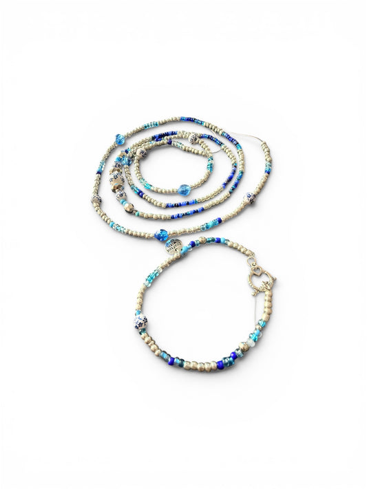 Porcelain Waves & Flower Waist bead & Anklet Set
