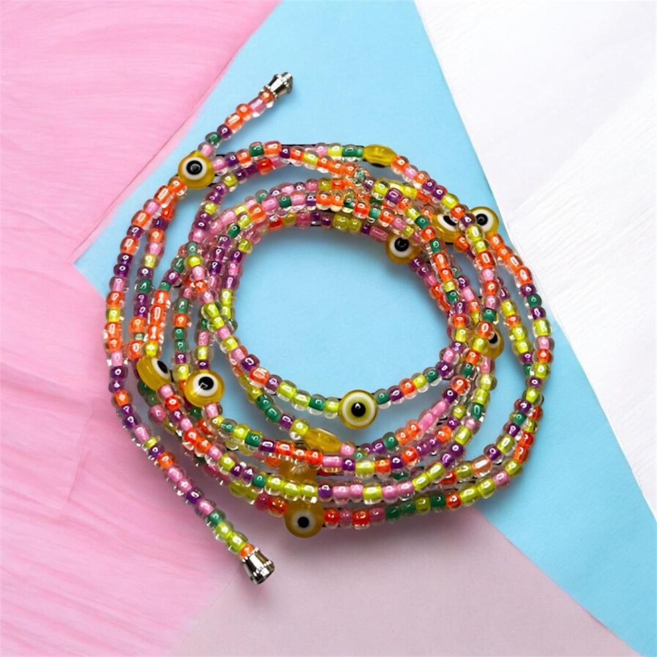 Rainbow Neon Evil Eye Waist Beads – Colorful Tie-On Seed Bead Waist Beads
