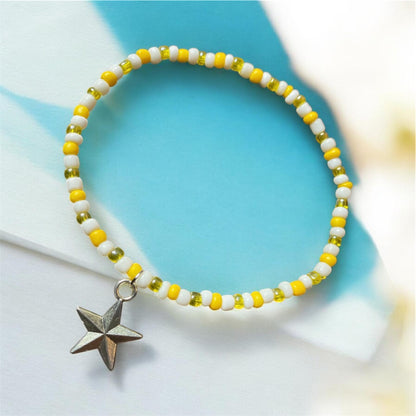 Sunny Star Seed Bead Anklet – Yellow & White Stretch Anklet with Silver Star Charm