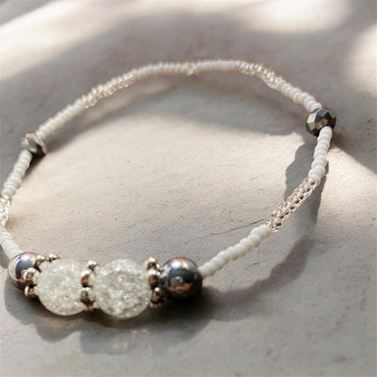Minimalist White Seed Bead Anklet with Crackle Glass Accent