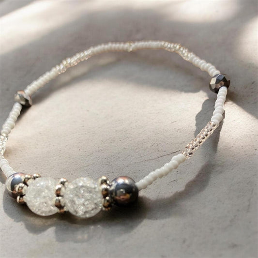 Minimalist White Seed Bead Anklet with Crackle Glass Accent