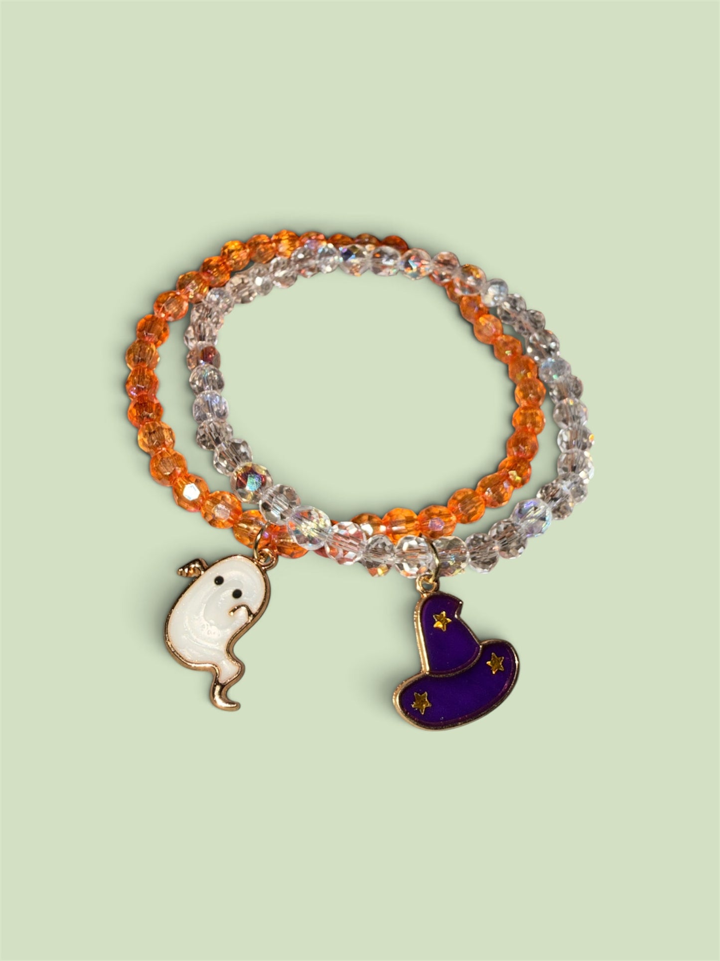 Halloween Charm Bracelet Set – Ghost & Wizard Hat Beaded Stretch Bracelets
