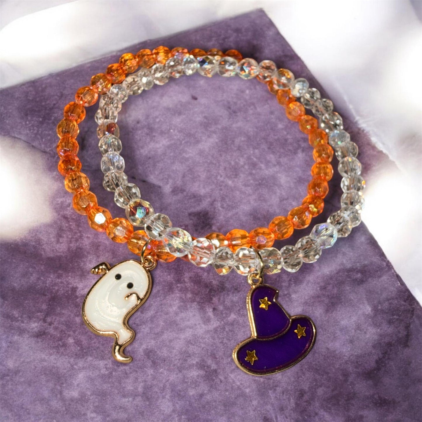 Halloween Charm Bracelet Set – Ghost & Wizard Hat Beaded Stretch Bracelets