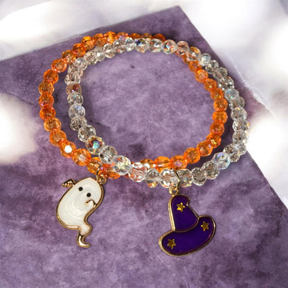 Halloween Charm Bracelet Set – Ghost & Wizard Hat Beaded Stretch Bracelets