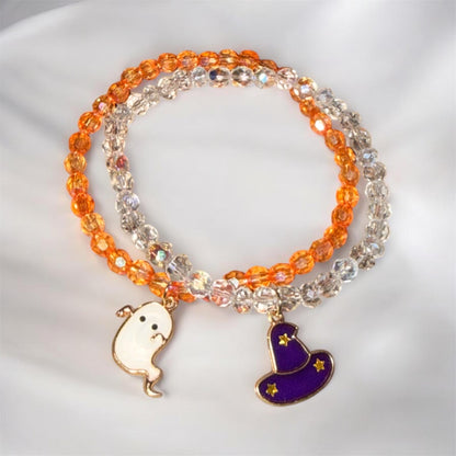 Halloween Charm Bracelet Set – Ghost & Wizard Hat Beaded Stretch Bracelets